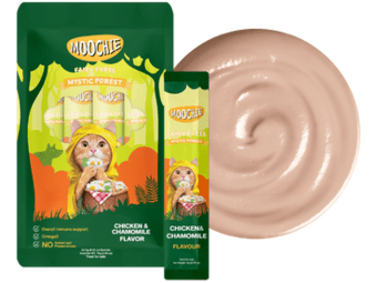 Moochie Chicken & Chamomile Flavor Mousse in a 5x15g pouch sachet