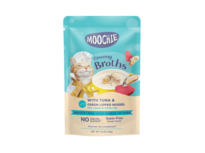 Moochie Creamy Broth pouch featuring tuna and green-lipped mussels, designed for pets