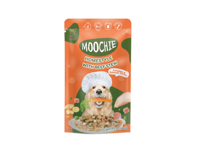 Moochie Homestyle Beef Stew in a 120g pouch, featuring tender chunks of beef and vegetables in a rich gravy