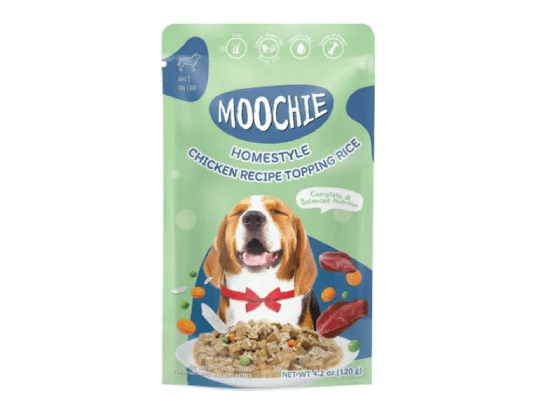 Moochie Homestyle Chicken & Rice 120G Pouch - a convenient pet food pouch featuring tender chicken and wholesome rice