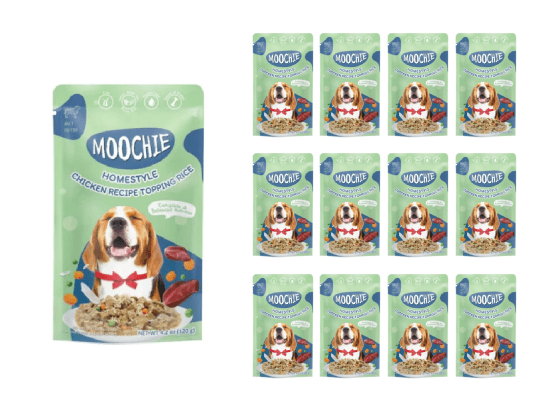 Moochie Homestyle Chicken & Rice pouches, 120g each, packaged in a box of 12