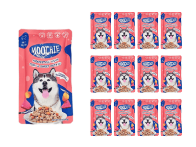 Moochie Homestyle Fish and Sweet Potato, 120g pouches, packed in a box of 12