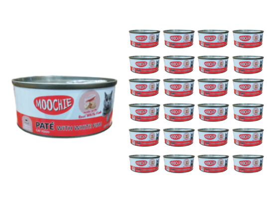 Moochie Loaf with White Fish, packaged in a case of 24 cans, each weighing 156g