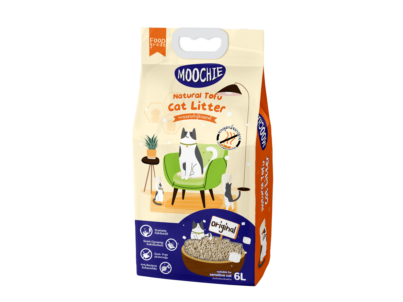 Moochie Natural Tofu Cat Litter in Original Scent, 6L package, showcasing eco-friendly cat litter made from natural tofu ingredients