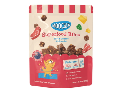 Moochie Premium Dog Treat: Real meat superfood bites, rich in nutrients, additive-free, gluten-free, and preservative-free. Great as a reward or meal topper