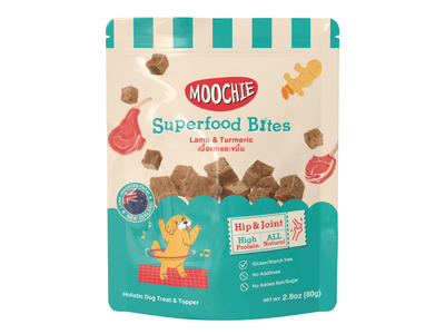 Moochie Premium Dog Treats, 80g superfood bites made from real meat with no starch, salt, sugar, or preservatives. A nutritious option for your dog's health and happiness
