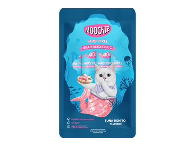 Moochie Tuna Bonito Recipe featuring real tuna and enriched with salmon oil, providing essential nutrients for a healthy immune system and shiny coat