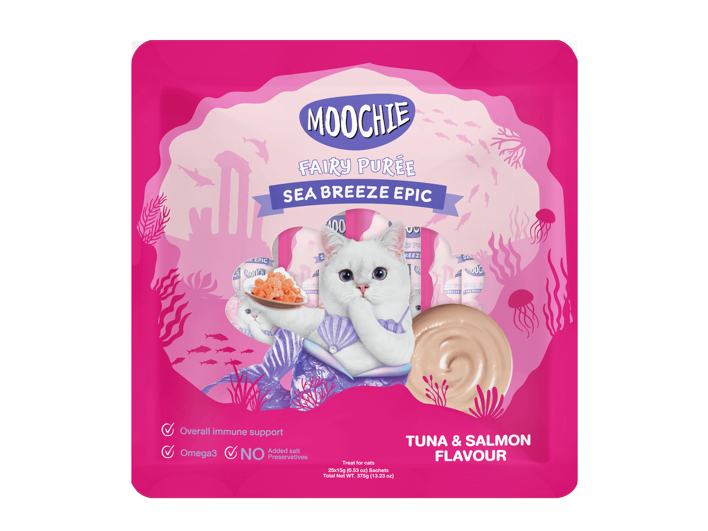 Moochie Tuna and Salmon Recipe: nutritious blend of tuna and salmon rich in omega-3s and taurine for a shiny coat, heart, and vision health