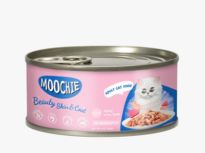 Moochie's seafood variety, a grain-free pet food option, showcasing high-quality proteins and essential taurine, designed to meet AAFCO standards and support pet health without artificial preservatives