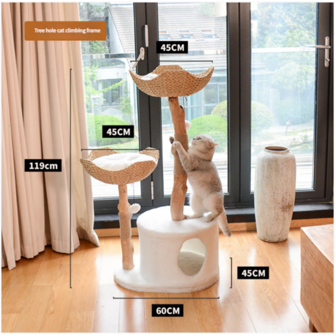 Natural Solid Wood Cat Climbing Tree With Two Rattan Baskets 60×45×119cm