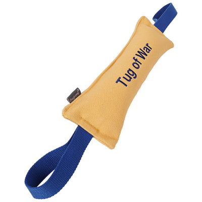 Dog toy with blue handle and 'Tug of War' text on a beige background