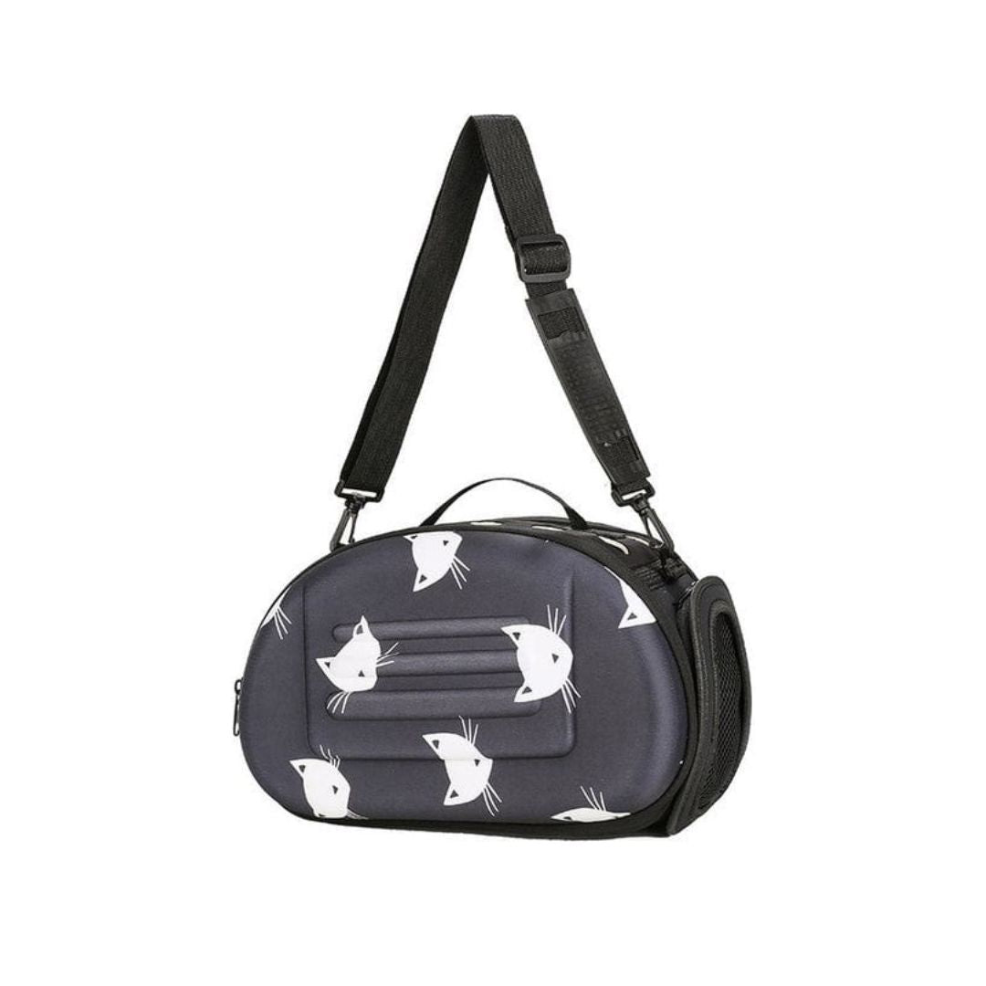 Gray pet carrier with white cat illustrations on a white background