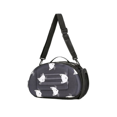 Gray pet carrier with white cat illustrations on a white background