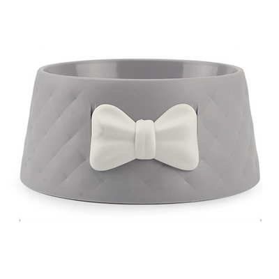 Grey Pet Bowl with Bow and Diamond Pattern – 18×8×15cm