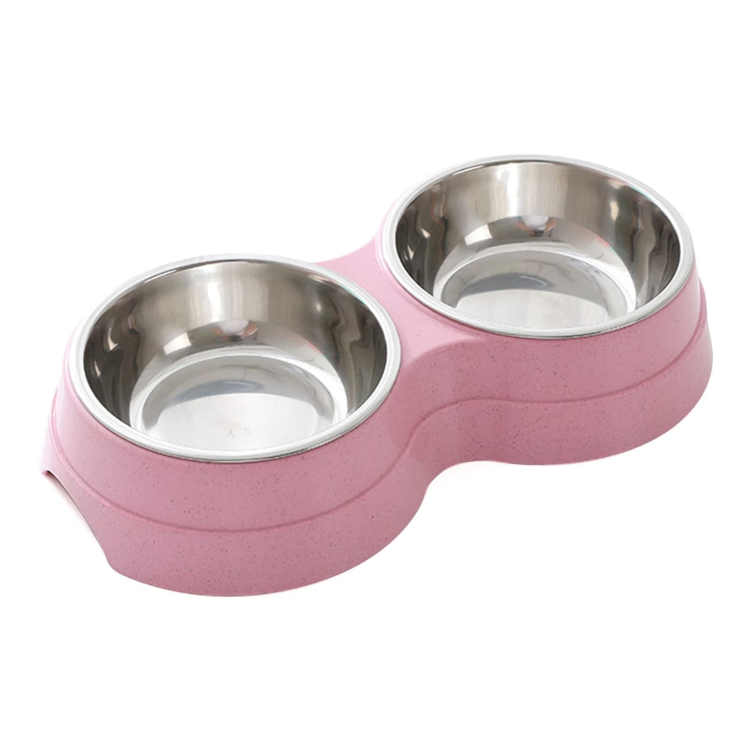 Oval Dual Stainless Steel Pet Bowls- Pink