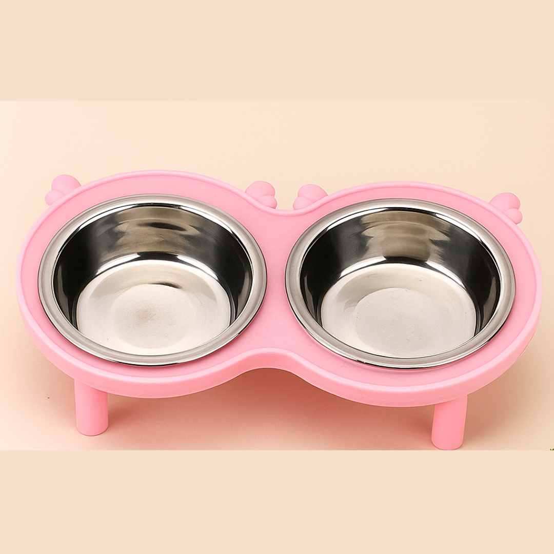 Stainless Steel Antler Double Bowl Pink
