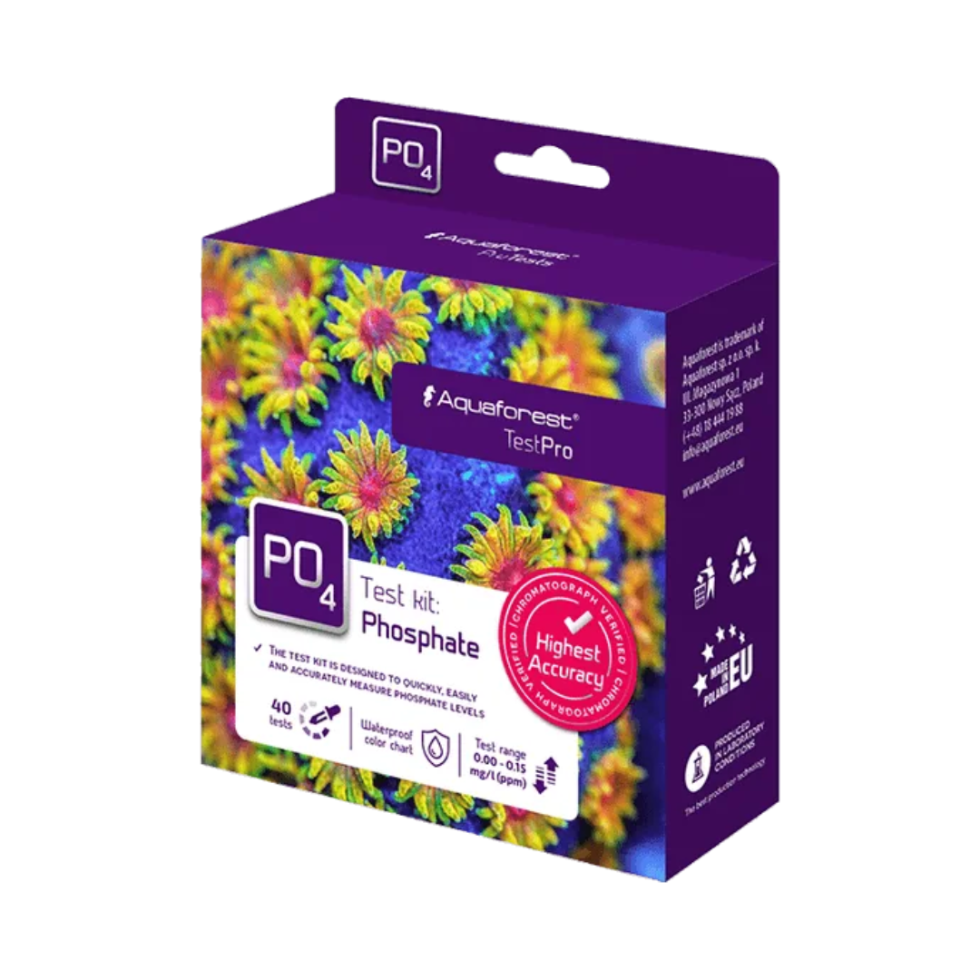 Aquaforest PO4 test kit packaging with colorful floral design on a white background