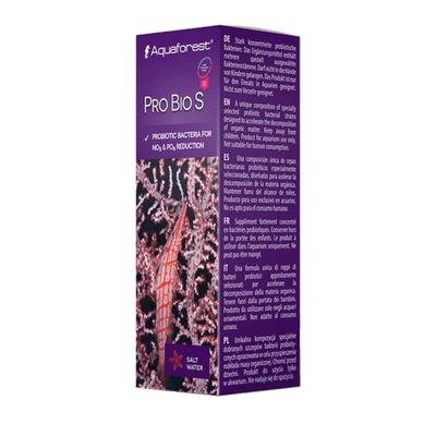 Purple packaging of Aquaforest Pro Bio S with text and images on a white background