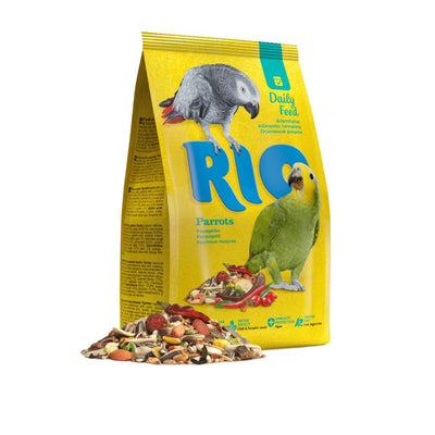 Bag of RIO Parrots bird food with parrot illustrations on a white background