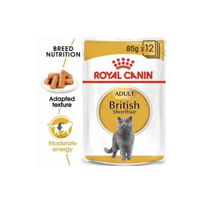 Royal Canin Adult British Shorthair cat food pouch on a white background