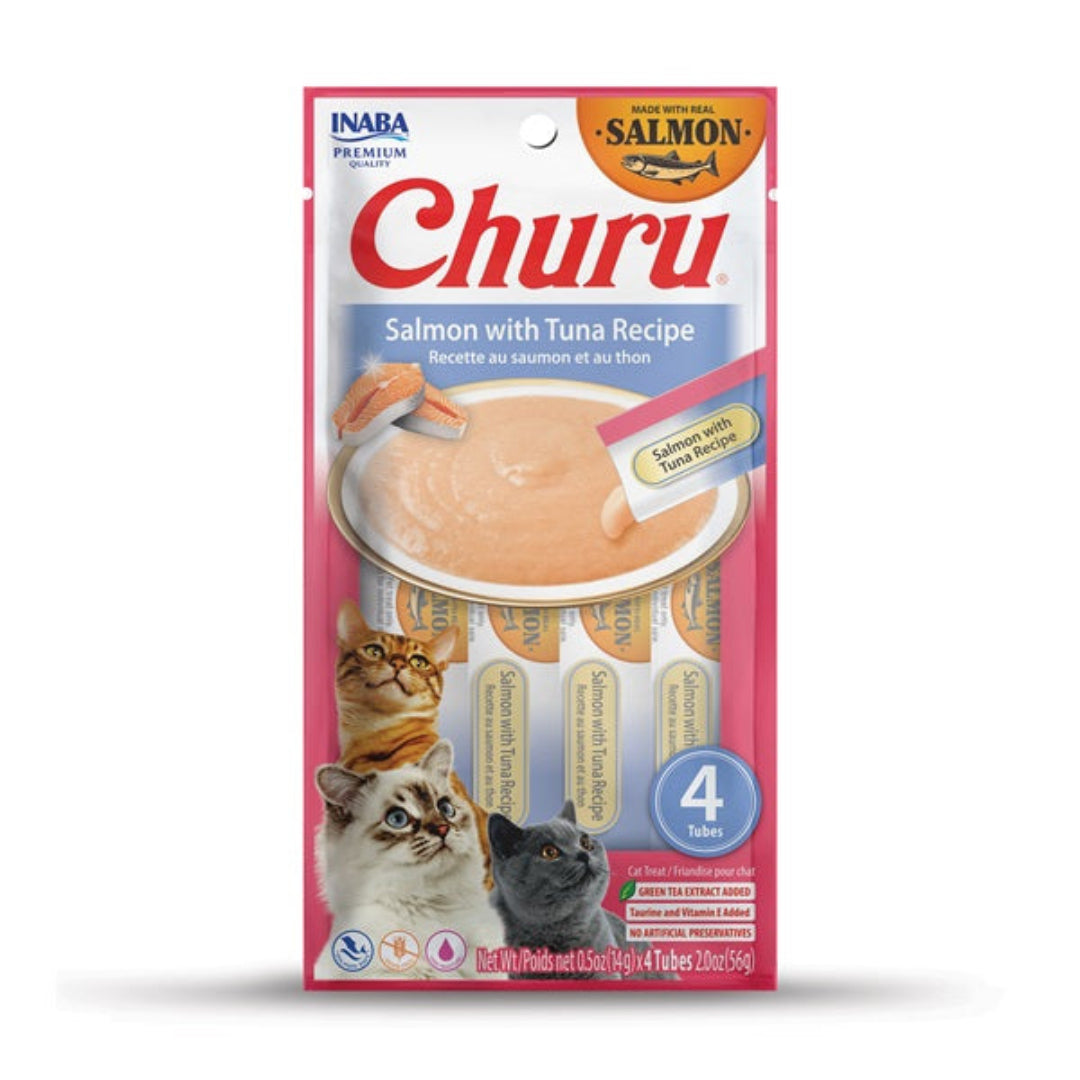 Packaging of Inaba Churu cat treats with salmon and tuna recipe on a white background
