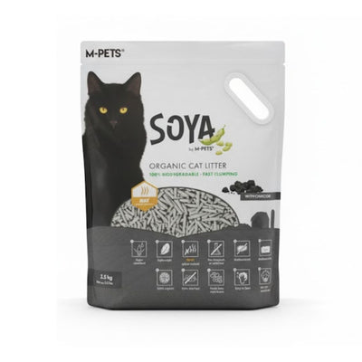 M-Pets Soya organic cat litter packaging with a black cat illustration on a white background