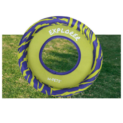 Green and purple dog toy with 'Explorer' and 'M-Pets' branding on a grass background