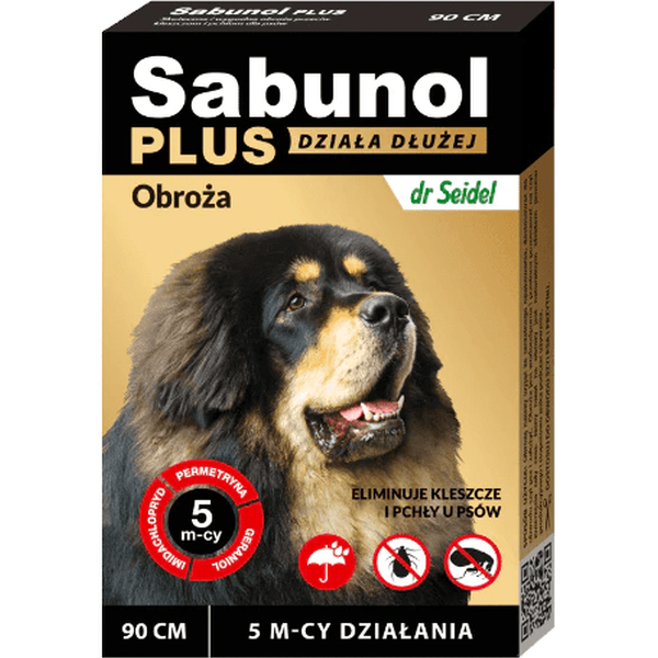 Sabunol Plus dog collar packaging with a dog's face on a beige background