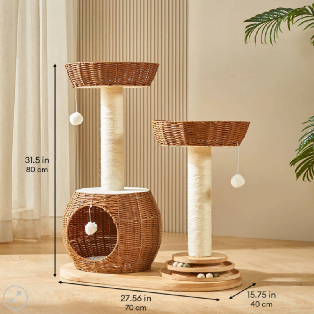 All-Season Natural Rattan Woven Cat Bed Solid Wood Large Cat Tree 40×70×80cm