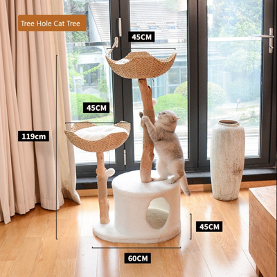 Tree Hole Cat Tree – Natural Wood &amp; Rattan 60×45×119cm
