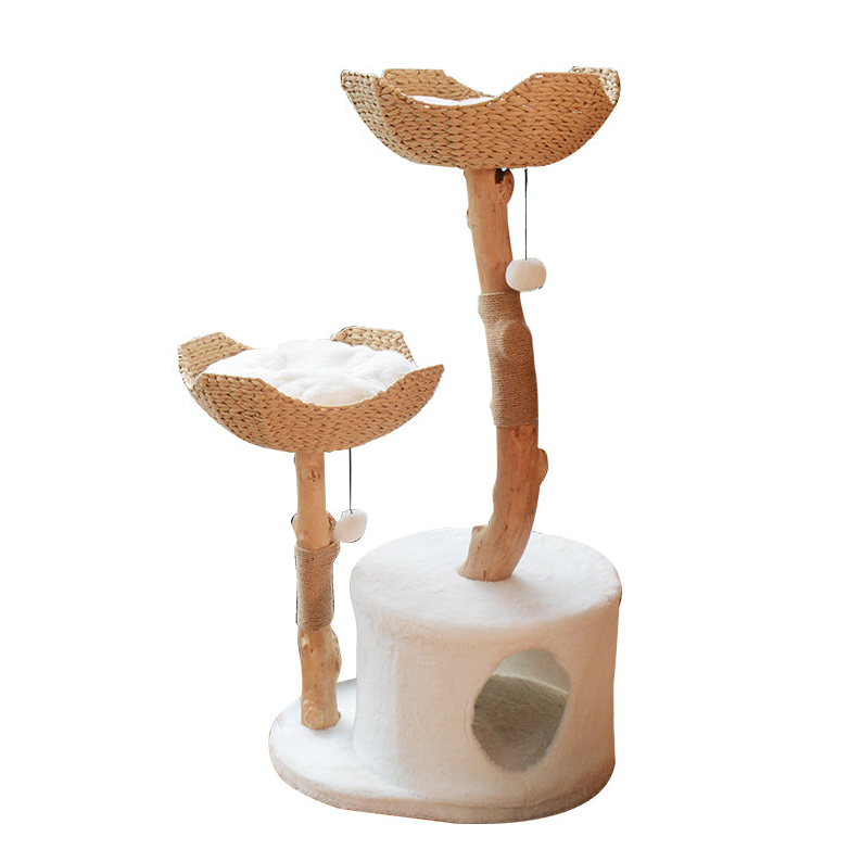 Cat tree with wooden structure, white cushion, and hanging balls on a white background