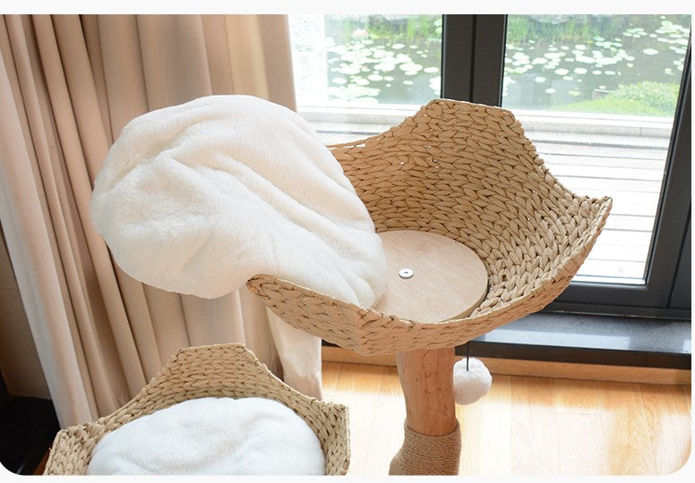 Tree Hole Cat Tree – Natural Wood &amp; Rattan 60×45×119cm