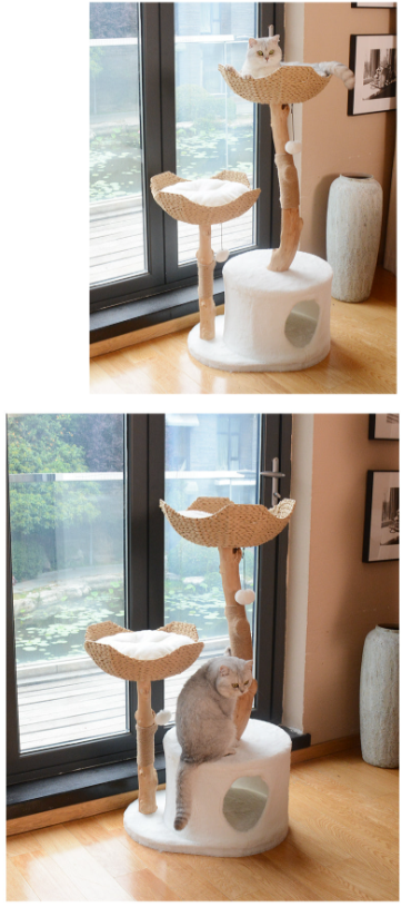 Tree Hole Cat Tree – Natural Wood &amp; Rattan 60×45×119cm