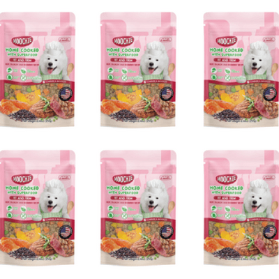 Six pouches of Moochie Homecook Beef Salmon & Rice Berry Recipe, each weighing 255g