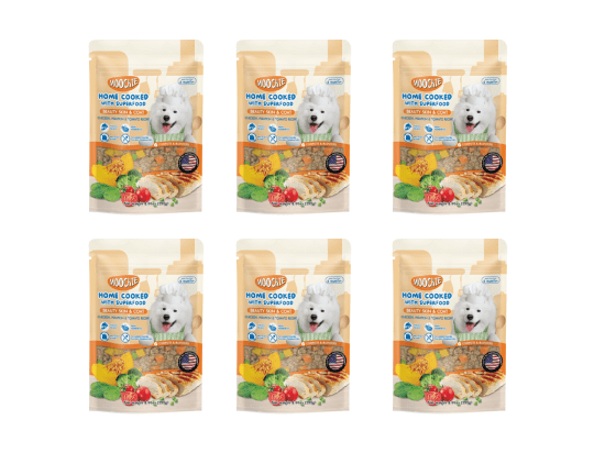 Six pouches of Moochie Home cook Chicken Pumpkin & Tomato Recipe, each weighing 255g