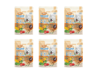 Six pouches of Moochie Home cook Chicken Pumpkin & Tomato Recipe, each weighing 255g