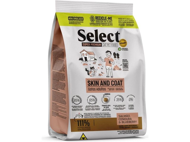 Skin and Coat formula for adult cats, featuring over 65% premium protein from poultry and salmon, healthy fats, and 35% fruits, vegetables, and grains for balanced nutrition. Enriched with vitamins, minerals, prebiotics, and antioxidants to support overall health