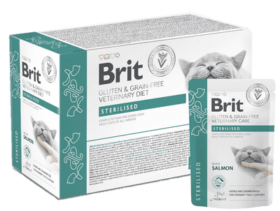 Brit Veterinary Grain-Free Diet for neutered cats with salmon fillets in juice. Supports weight control, urinary health, and joint care, featuring easily digestible protein and enriched with herbs, cranberries, probiotics, and prebiotic fiber for gut health