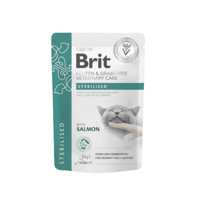 Brit Veterinary Grain-Free Diet for neutered cats with salmon fillets in juice. Supports weight control, urinary health, and joint care with easily digestible salmon protein and anti-inflammatory ingredients for overall well-being