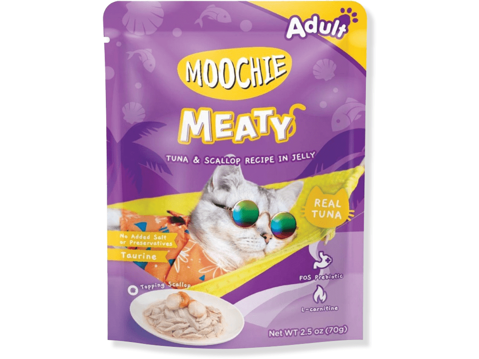 Tasty adult cat food featuring real tuna and scallops in jelly, enriched with taurine and vitamin E for hydration and health