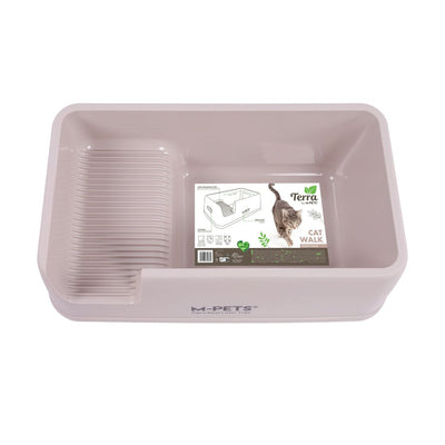 Cat litter tray with a label on a white background