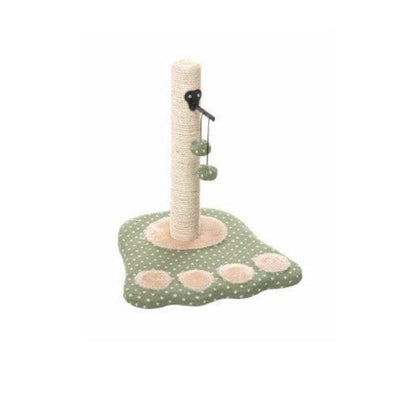 Cat toy with scratching post and hanging toys on a white background