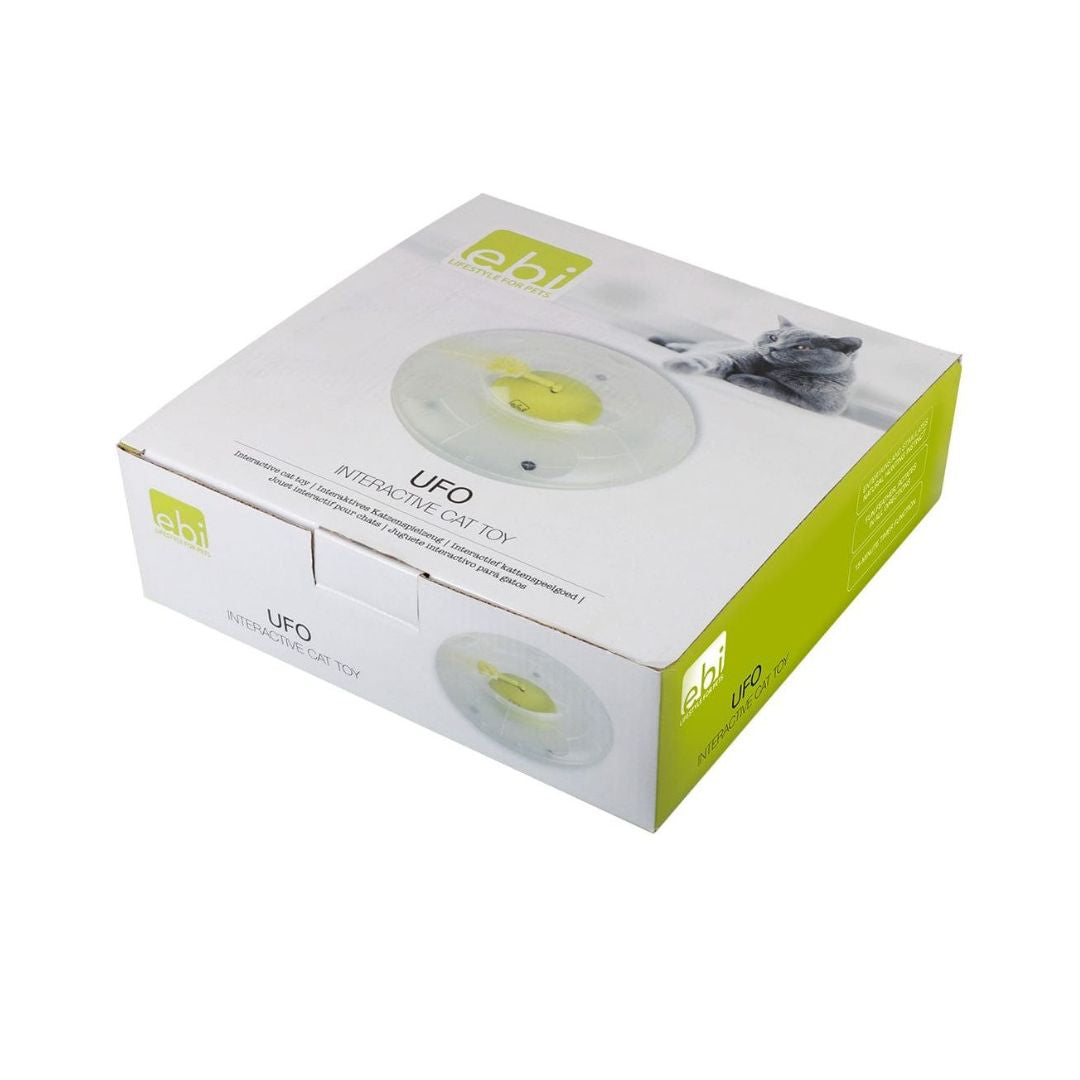 Box packaging of a UFO interactive cat toy with 'ebi' branding on a white background