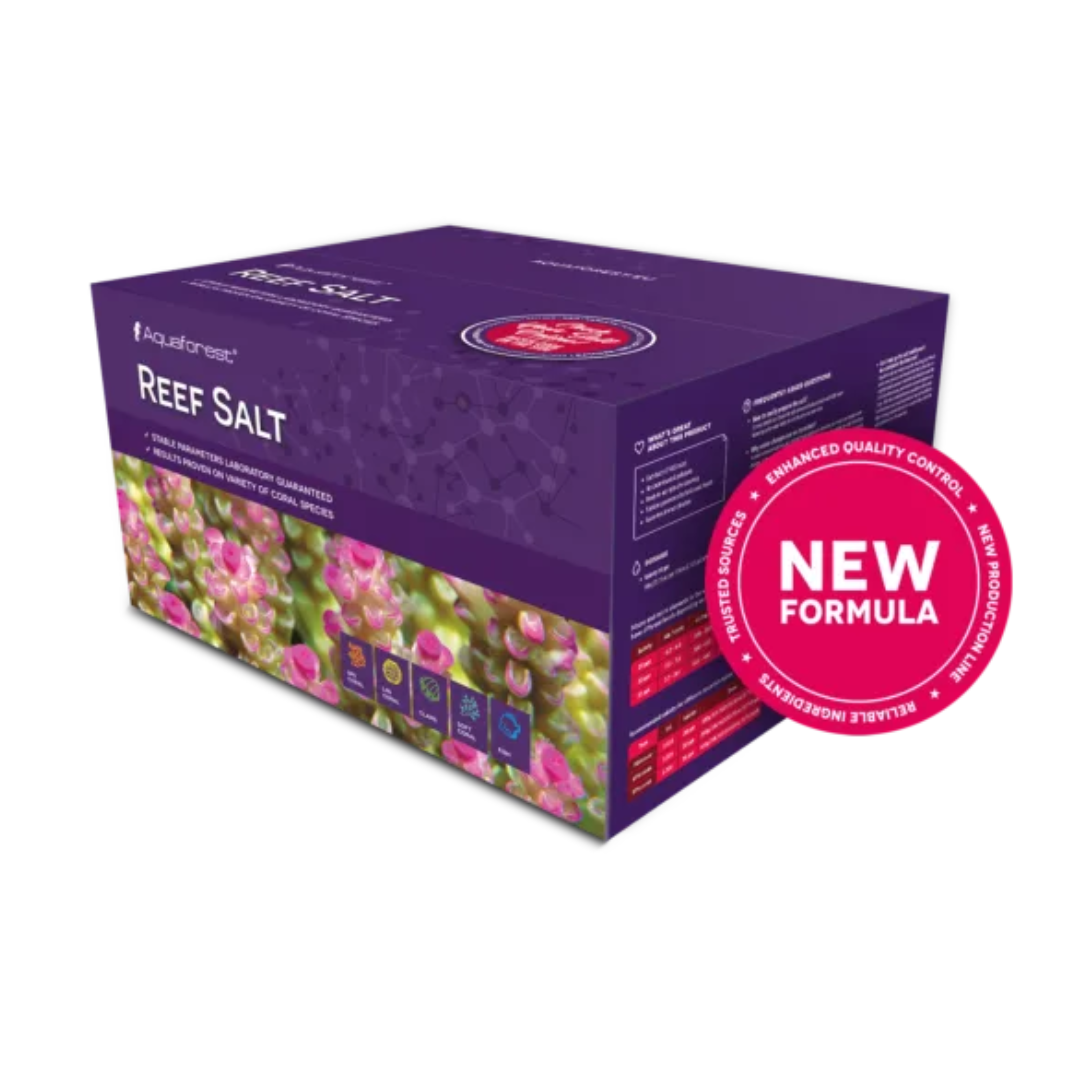 Box of Aquafont Reef Salt with a 'New Formula' label on a white background