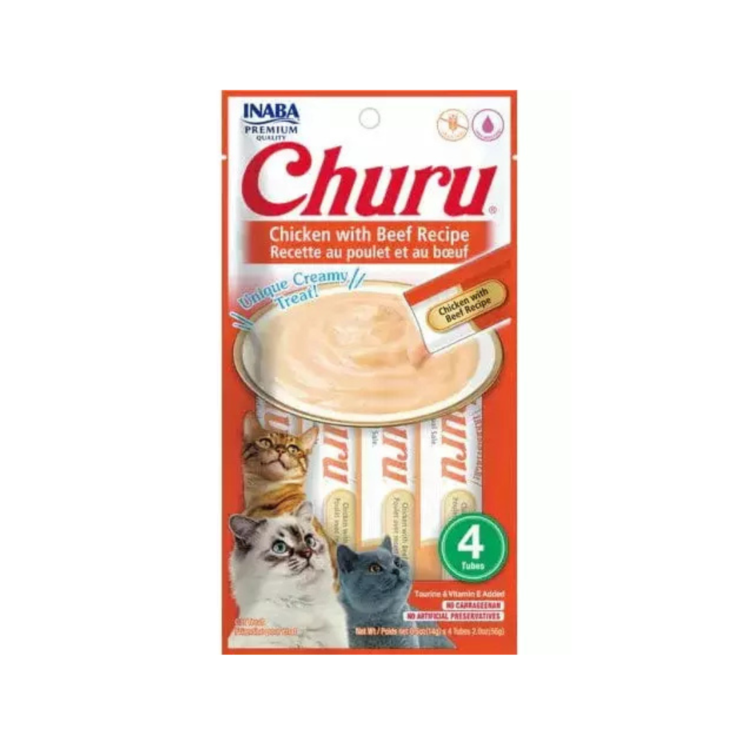 Inaba Churu cat treat package with chicken and beef recipe on a white background