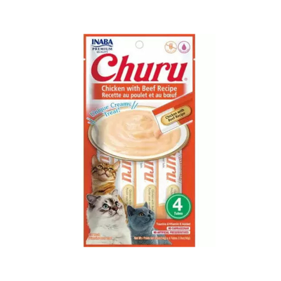 Inaba Churu cat treat package with chicken and beef recipe on a white background