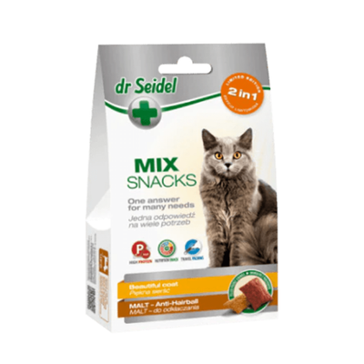Dr Seidel cat snack package with a cat on the label