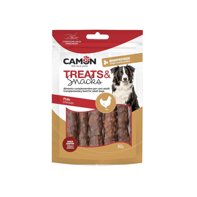 Package of Camon dog treats with a red and white design featuring a dog on a white background.