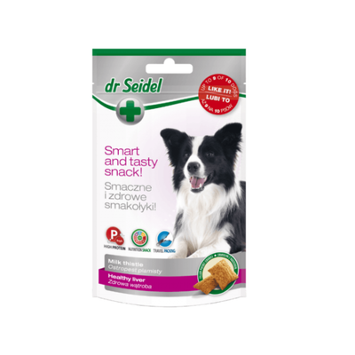 Dr Seidel dog treat package with a smiling dog on a white background