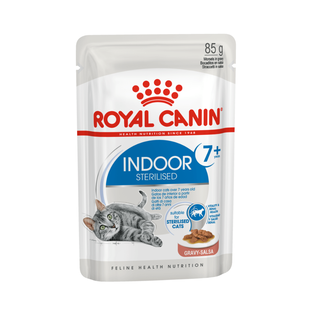 Royal Canin indoor sterilised cat food pouch on a white background